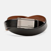 Smooth Grain Leather Dress Belt with Sheild Buckle, Black/Light Tan, hi-res